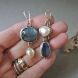 Fleur - Vintage oorbellen met parels en blauwe steen