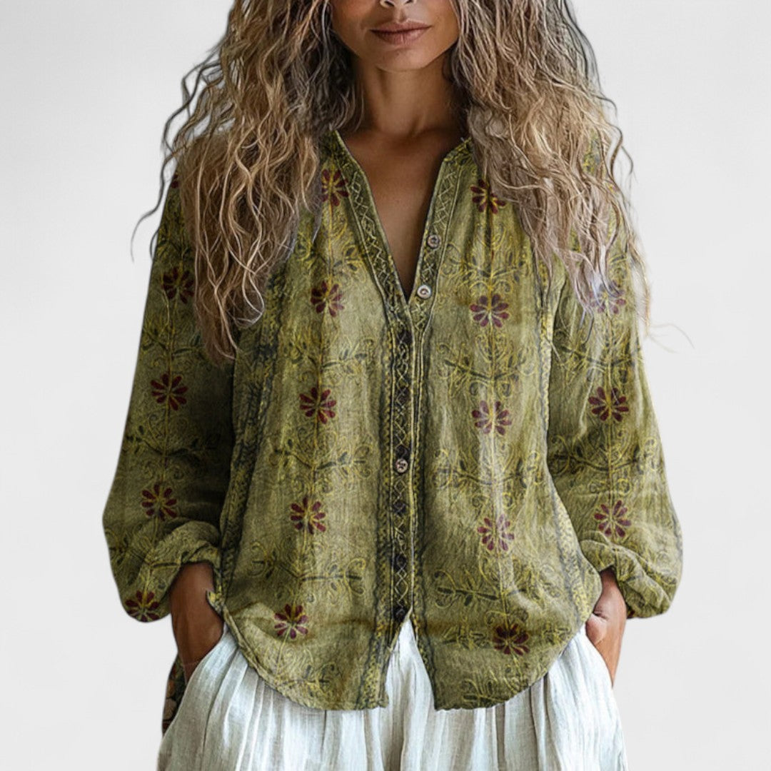 Ambra | Vintage Blouse met Bladerenprint